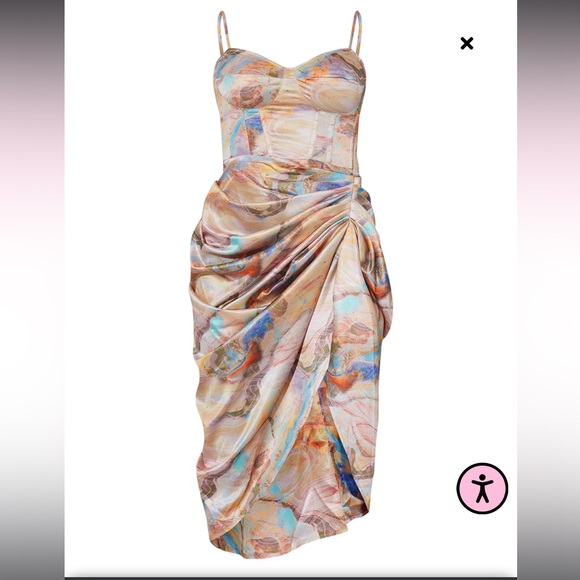 PrettyLittleThing Dresses & Skirts - Multi Marble Print Satin Ruched Skirt Corset Detail Midi Dress size 6